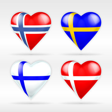 Norway, Sweden, Finland and Denmark heart flag set