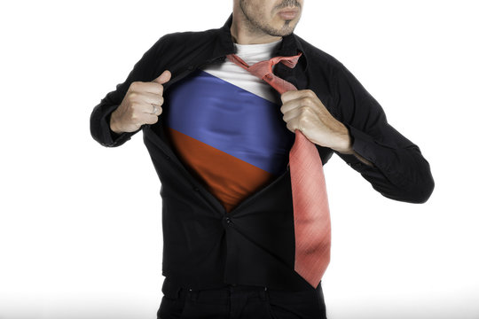 Man with Russian Flag under Shirt