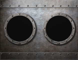 submarine or old ship two portholes metal frames background