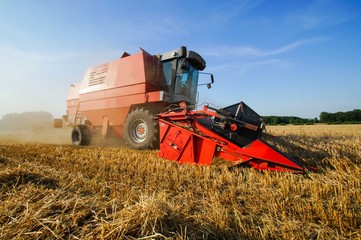 Obraz premium Roter Mähdrescher im Einsatz, Weitwinkel-Nahaufnahme