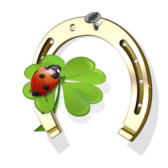 Glücksbringer, Marienkäfer, Hufeisen, Kleeblatt, freigestellt