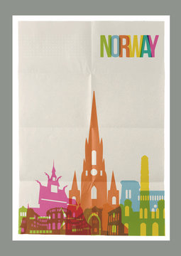 Travel Norway landmarks skyline vintage poster