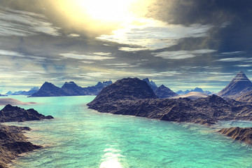 Naklejki  3D renderowane fantasy obca planeta. Skały i jezioro
