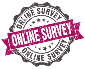 online survey grunge violet seal isolated on white