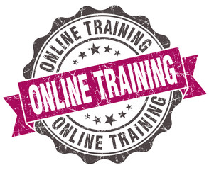 online training grunge violet seal isolated on white