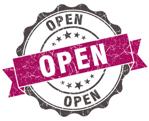 open grunge violet seal isolated on white