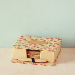 Vintage romantic memo with wooden old pencil. retro filtered ima