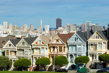 Fotobehang San Francisco downtown buildings skyline painted ladies © blvdone