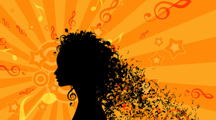 Silhouette of Womans head with Music Hair Background. Stock