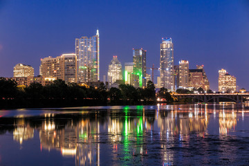Fototapeta na wymiar Beautiful Austin skyline reflection at twilight