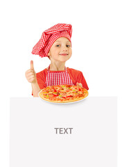 Funny little girl holding pizza and white blank slate