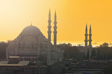 Mosque in afternoon with yellow clear sky colors