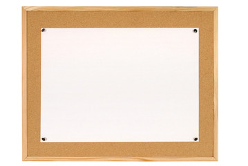 Cork bulletin board with white paper poster photo