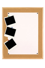Bulletin board or cork notice board with poster and three polaroid style photo print frame