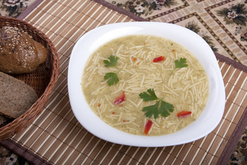 soup with noodles in a bowl on the table