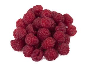 a bunch of raspberries on white background