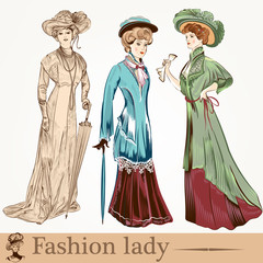 Collection of vector fashion ladies wearied in old-fashioned clo