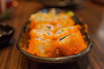 Delicious seafood sushi at a Japanese restaurant, Closeup.