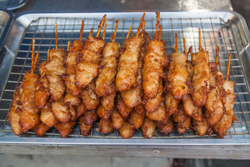 Fried chicken skewers,Thailand market.