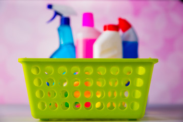 Washing and cleaning concept, cleaning set on bright background