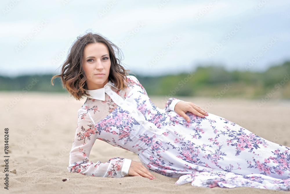 Sticker beautiful elegant brunette girl in a field