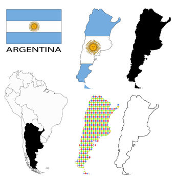 Argentina Flag, four vector map contours and South America flag