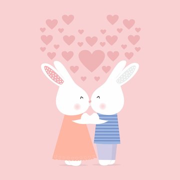 Cute rabbits kissing on a pink background