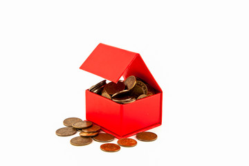 Russian coins in a red box. Isolate.