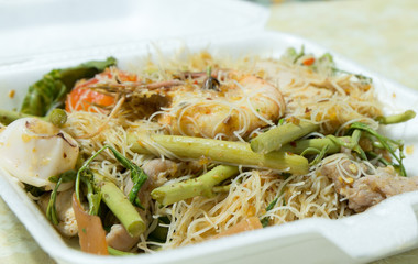 stir-fried noodles with prawns, pork and vegetables