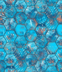 Hexagonal Blue Grungy Metal Tiled Seamless Texture