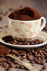 Ground coffee and coffee beans.