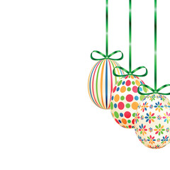 Set of colorful Easter eggs with green ribbons Isolated on white