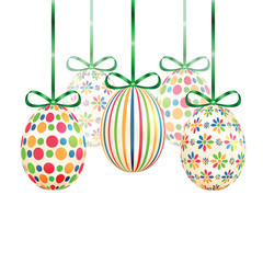 Set of colorful Easter eggs with green ribbons Isolated on white
