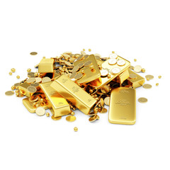Heap of Treasure. Golden Bars, Coins and Golden Pieces