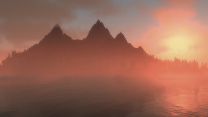 Misty sunrise over jagged mountain peaks