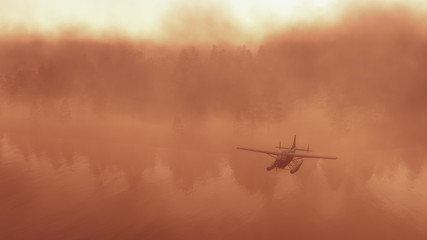 Seaplane flying over foggy or misty forest