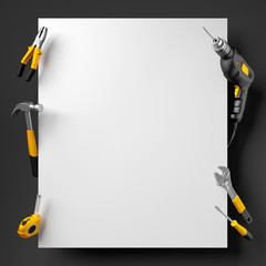 drill, pliers, hammer and construction tools on a black and whit