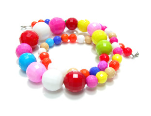 colorful wood bead necklace isolated on white background