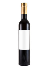 thin bottle of red wine made of green glass and blank label