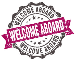Obraz premium welcome aboard grunge violet seal isolated on white