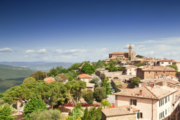 View of the medieval Italian town of Montalcino. Tuscany