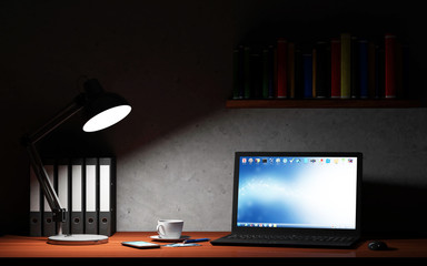 Modern Place of Work at Night with Group of Office Equipment