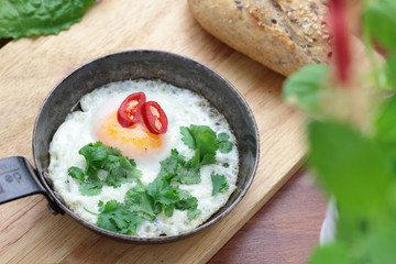 Fried egg with coriander chili and whole grain bun.