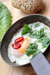 Fried egg with coriander chili and whole grain bun.