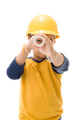 Young asian child construction Worker Holding equipment