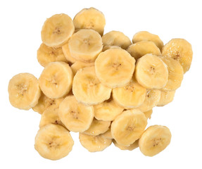 Heap of banana slices on a white