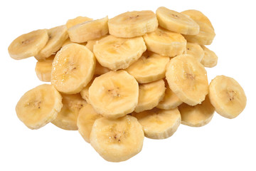 Heap of banana slices on a white