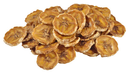 Heap of dried bananas on a white