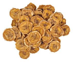 Heap of dried bananas on a white