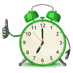 Green alarm clock giving thumb up